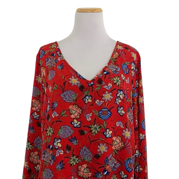 Chelsea & Theodore Floral Tunic Top Womens XXL Red Multi Popover V Neck Shirt - Picture 1 of 17